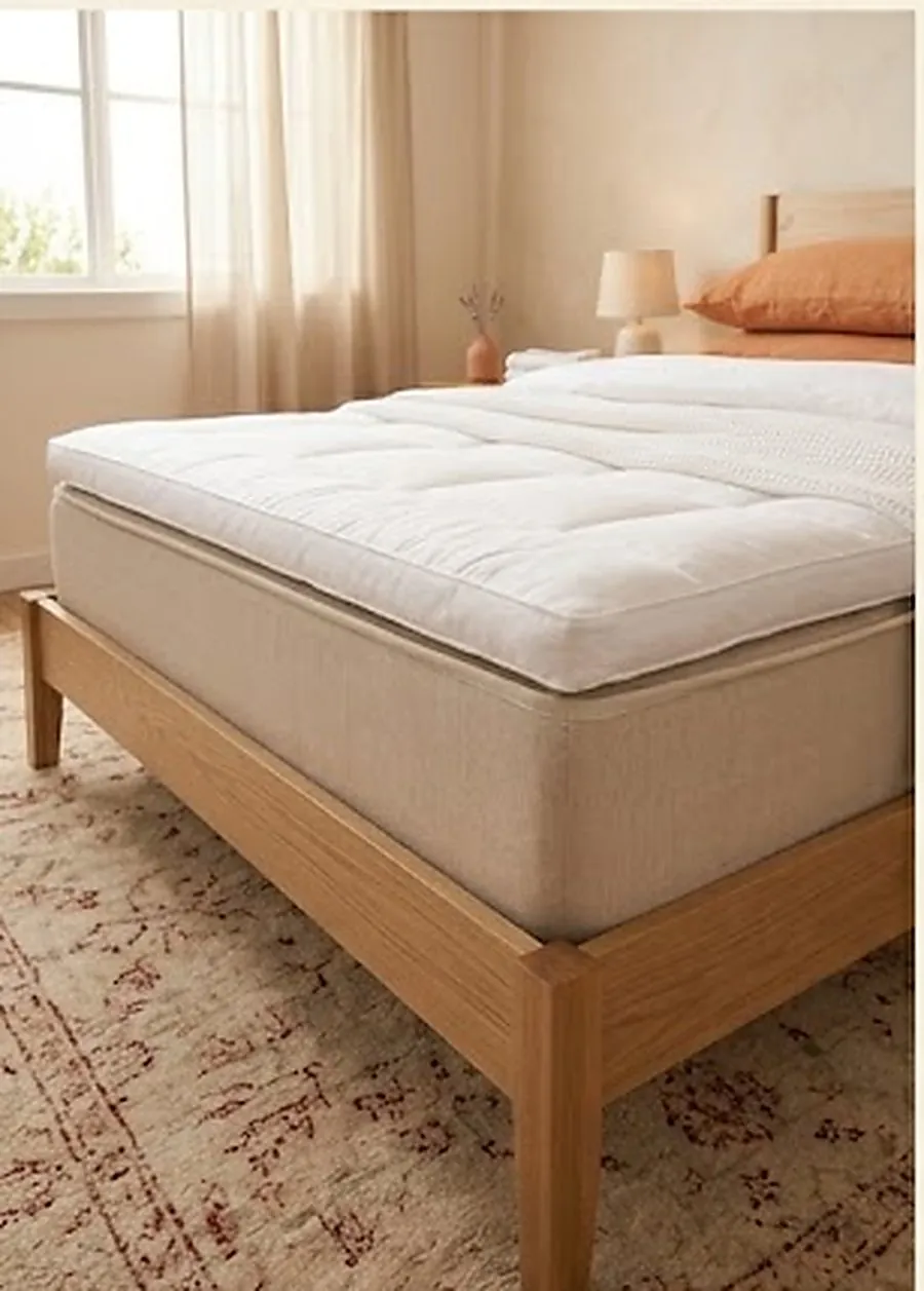 Chambre en lumière chaude, literie claire et plaid terracotta