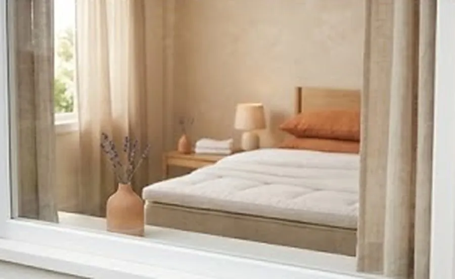 Chambre en lumière chaude, literie claire et plaid terracotta